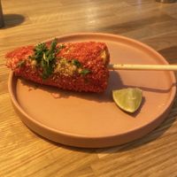 Spicy elote (this is only half, they kindly cut it  so I could share with my dining companion!)  at Rascal's in Santa Barbara