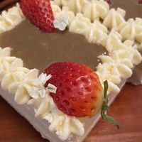 Special dessert of the day. Salted caramel and vanilla sponge cake with fresh strawberries. It was so good. If you see it, get it    at Rascal's in Santa Barbara