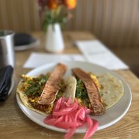 Breakfast tacos with vegan baconn  at Rascal's in Santa Barbara