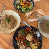 Sunchoke soup (marked vegan), two salads, and delicious mushroom risotto. Great bread too. at Little Sunshine Cafe in Bangkok