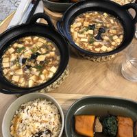 Japanese Mapo Tofu, seasonal veggies, and sweet potato & rice mix. A delish.  at Graines du Jour in Paris