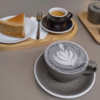 Flan, double espresso, charcoal latte at Graines du Jour in Paris
