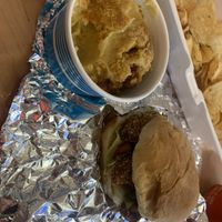 Fish sandwich and a side (some kind of yummy “cheesy” mashed potatoes) at Deep Sea Vegan in Nashville