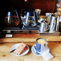 Vegan chocolate cake and early grey with oat milk  at Art Cafe Taideterassi in Helsinki