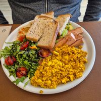 Scramble tofu with vegan sausage at Organic Jungle in Gran Canaria