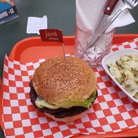 "Russian" salad (we call it Olivie [fr] in Russia) and burger,,, AND VEGAN AYRAAAAN!!!! at Junk Vegan in Ankara