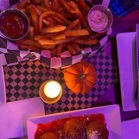 parm fries and fried mac and cheese balls  at Monster Vegan in Philadelphia