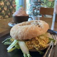 Mint mocha and pesto tofu bagel sandwich  at Carrots The Vegan Kitchen in Bangkok