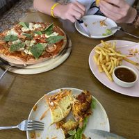 Margherita pizza and lentil burger   at Carrots The Vegan Kitchen in Bangkok