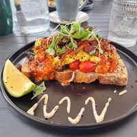 Tofu eggs with vegan bacon  at The Break Room in Hilton