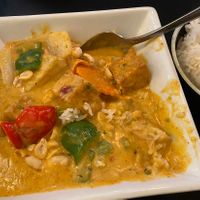 Mussamman curry with tofu (made vegan, i.e. no fish sauce). Comes with rice   at Thai Paradise in Las Vegas