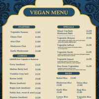 The vegan menu at Clydach Tandoori in Clydach