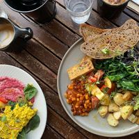 Full vegan breakfast + tofu scramble ft creamy soy cappuccino  at Onehunga Cafe in Auckland