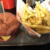 El Diablo Burger and Garlic Fries at Seitan's Corner in Bristol