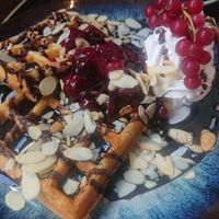 Belgian waffles with cherry at Mono Cafe in Munich