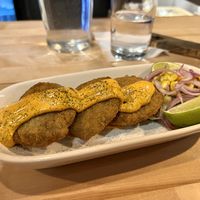 Jackfruit crab cakes with corn relish and chipotle sauce at Willow Vegan Bistro in New York City