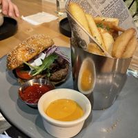hickory smoked burger and garlic parsley fries  at Willow Vegan Bistro in New York City
