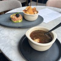 French onion soup and tartare. Only two things on the menu (besides salads) that are gluten free. Wish they had more gluten consciousness bc it looks amazing!!  at Willow Vegan Bistro in New York City