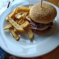 Vegan burger and fries at The Junction Hotel in Thames