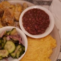 Squash casserole, red beans and rice, cukes and onions at Ajax Diner in Oxford