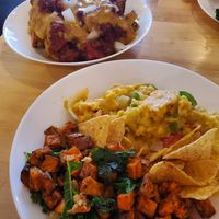 Loaded chili potatoes & Migas at Spacecat V-stro in Ferndale