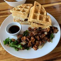 Chicken and waffles with potatoes  at Spacecat V-stro in Ferndale