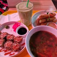 "Fish" soup with tofu and nori, mozzarella sticks, smoothie, and some makis at Loving Hut - St Kuznetsky Mos in Moscow