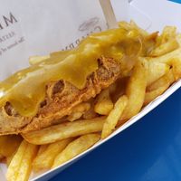 Vegan sausage, chips and curry sauce! at Mr Chippy in York