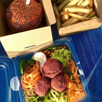 Yammy Vegan Buddha bowl, Quinoa and beetroot burger, french fries at The Brewery in Larnaca