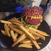 Burger with qunoa and beetroot patty at The Brewery in Larnaca