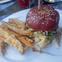 Vegan pulled chicken burger with sweet potato fries   at The Brewery in Larnaca