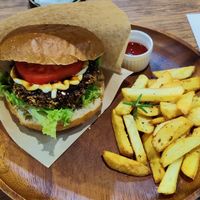 Teriyaki burger (comes with fries) at Sonu Sonu in Fukuoka