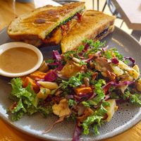 Vegan toasted sandwich and roast vegetable salad.  at Wild and Woods in Dunsborough