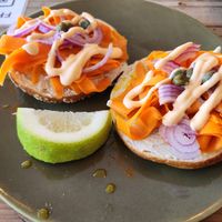 Smoked 'salmon' and cream cheese bagel at The Conscious Kitchen - Kloof St in Cape Town