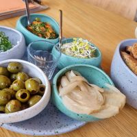 Tasting platter with delicious pickled fennel, creamy garlic spread and wasabi dip  at Superkelly in Ghent
