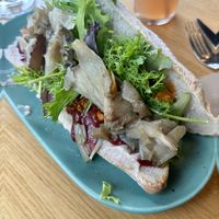 Sandwich with glazed tofu and caramelized onions  at Superkelly in Ghent