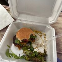 Black bean burger and Brussels! Also strawberry cake   at Screaming Vegan in Roanoke