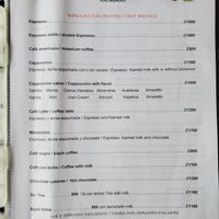 Menu page 1: Hot drinks at Thirema Coffee Shop and Restaurant in Tortuguero