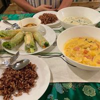 Fresh spring rolls, green curry and pineapple curry  at Reach Plant Based Kitchen in Phuket