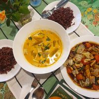 Pumpkin curry and Cashew tofu tamarind sauce with extra rice at Reach Plant Based Kitchen in Phuket