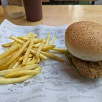 Seitan burger with fries at Burgershack in Phnom Penh
