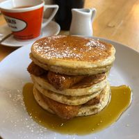 Vegan sausage & maple syrup pancakes at Cafe Chambers in Canterbury