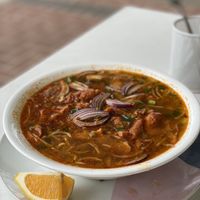 Spicy noodle soup with soy ‘chicken’ protein  at Bakery 127 in Pakenham
