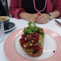 sourdough, avo, beetroot hummus at Pink Neon Sign in Auckland