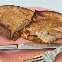 Kimchi and cheese toast so good! at Pink Neon Sign in Auckland