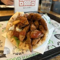 Doner gyros (soya pieces in a pitta with salad, fries and tzatziki).  at What The Pitta in Manchester