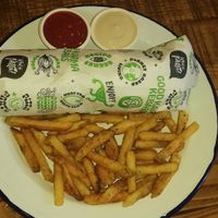 Doner wrap (extra large for 1.50 more, well worth it) with za'atar chips and two dips. at What The Pitta in Manchester