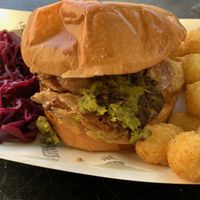 Hogless burger with hash browns & cabbage   at The Hogless Roast in East London