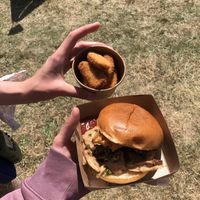 Hogless burger (£10.50) and chicken nuggets (£6.50, surprisingly big portion).  at The Hogless Roast in East London