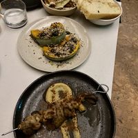 pumpkin, roasted potatoes, oyster mushroom kebab and focaccia at SITE x supernature in East London